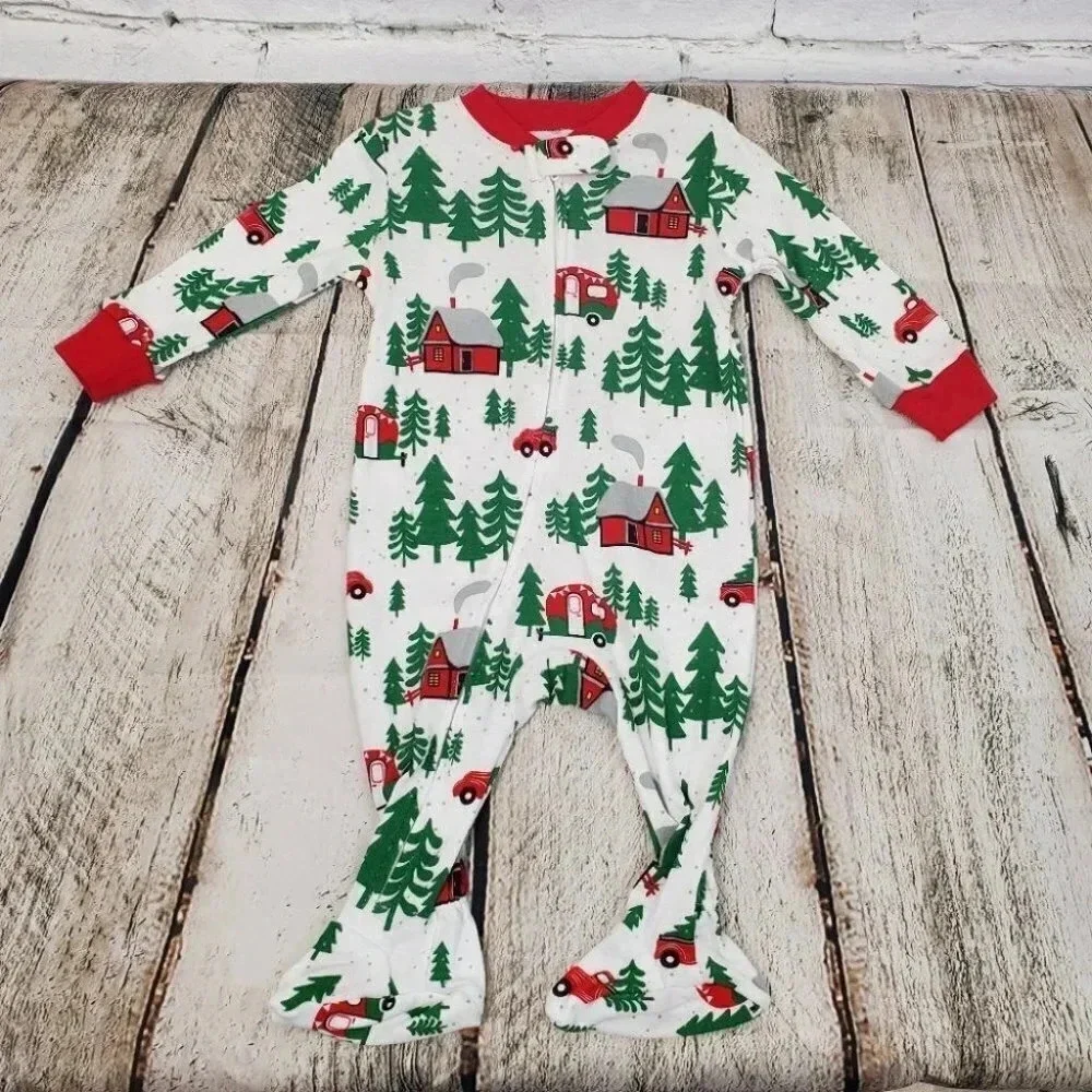 0-3 Month Infant Forest Theme White and Green Footed Christmas Onesies